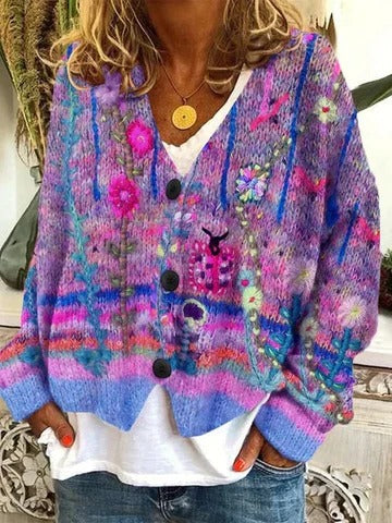 Women's retro patterned cardigan relaxed fit button front cozy lightweight sweater for effortless layering