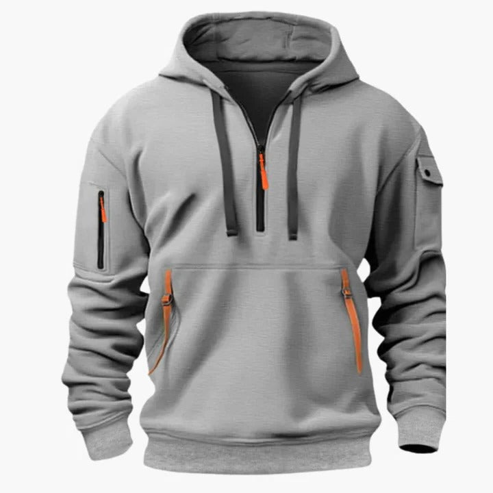 Men's lightweight utility hoodie with half-zip closure, adjustable drawstring hood, and zippered pockets