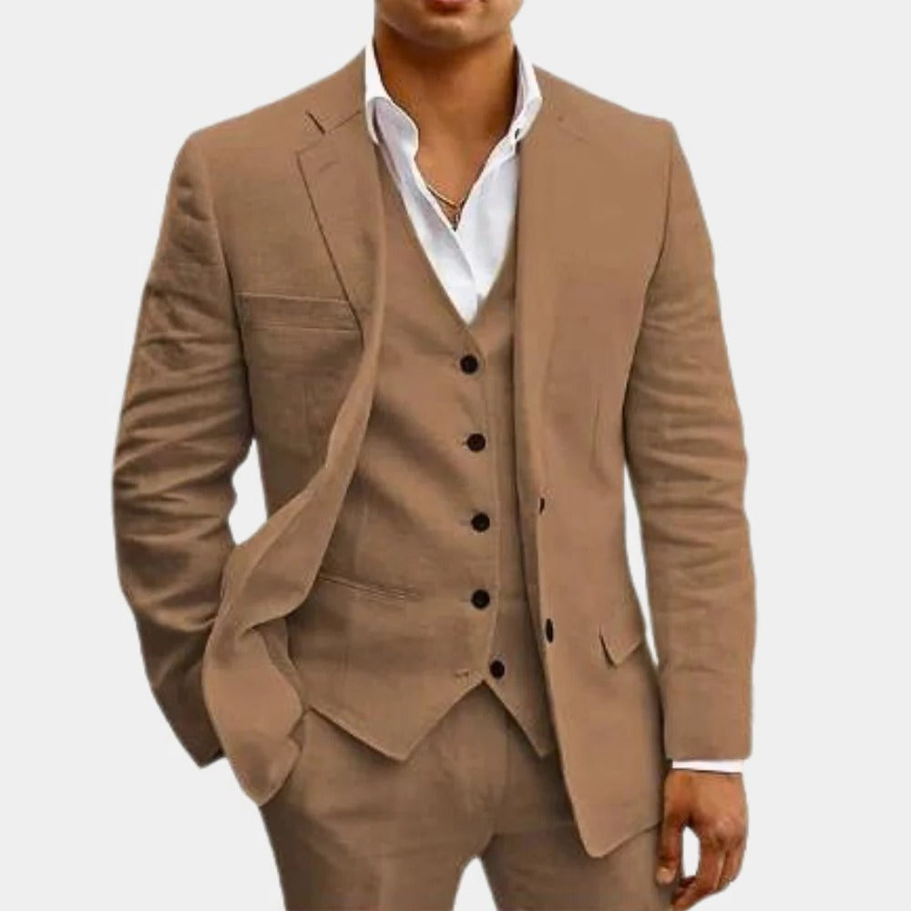 Men's lightweight 3-piece summer suit set in neutral tones, tailored slim fit for beach weddings