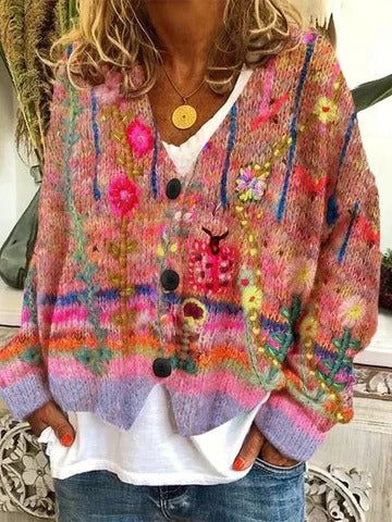 Women's retro patterned cardigan relaxed fit button-front cozy sweater for effortless layering