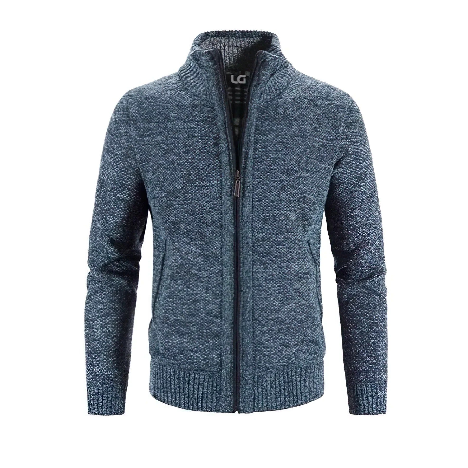 Men's gray zip-up cardigan structured fit cozy knit texture full-front zipper versatile layering piece