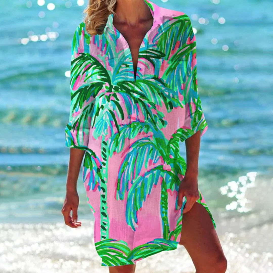 Women's tropical print shirt dress coral botanical watercolor 3/4 sleeve relaxed beach cover-up