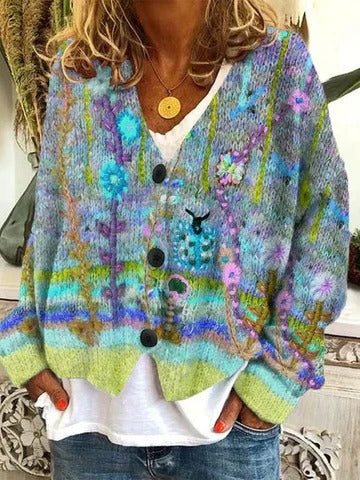 Women's retro patterned cardigan relaxed fit button-front cozy sweater for effortless layering