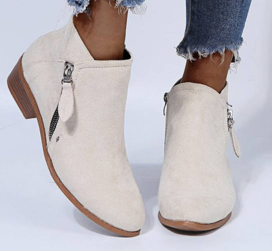 Wavlynn Kimberly tan suede ankle boots with low block heel, matte finish, versatile everyday bootie