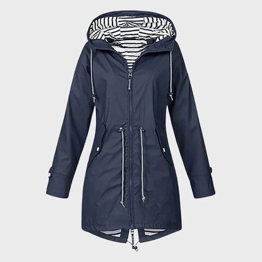Women's long waterproof hooded rain jacket with extended coverage for all-weather protection