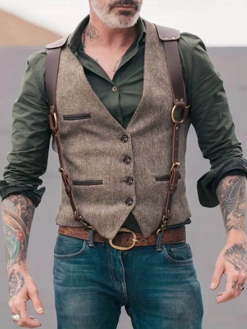 Men's traditional navy vintage-inspired gilet vest with contoured cut and subtle classic detailing