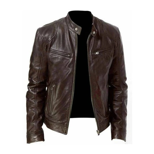 Wavlynn men's black leather biker jacket zip-front structured shell modern slim fit