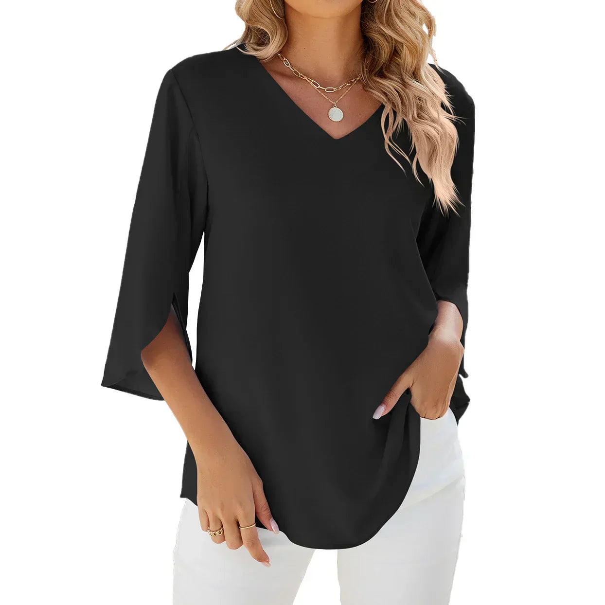 Belinda women's white V-neck blouse lightweight airy fabric effortless elegant everyday style