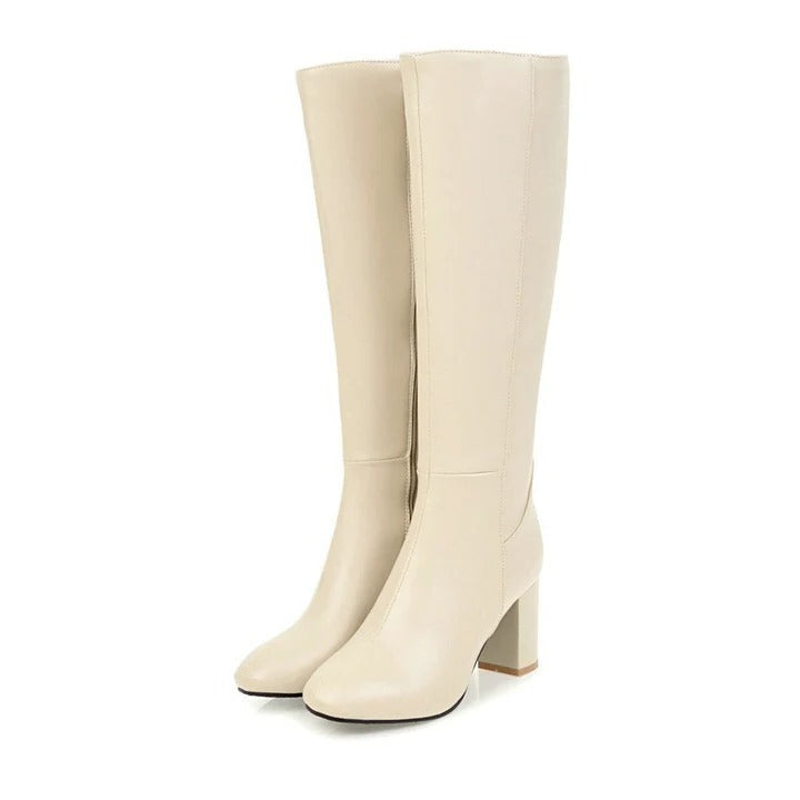 Women's tall knee-high winter boots in classic black with sleek silhouette and side zipper closure