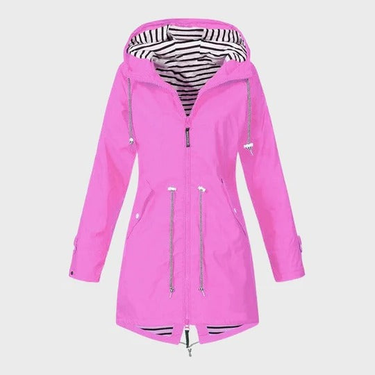 Women's long waterproof hooded rain jacket full-length coverage all-weather functional outerwear