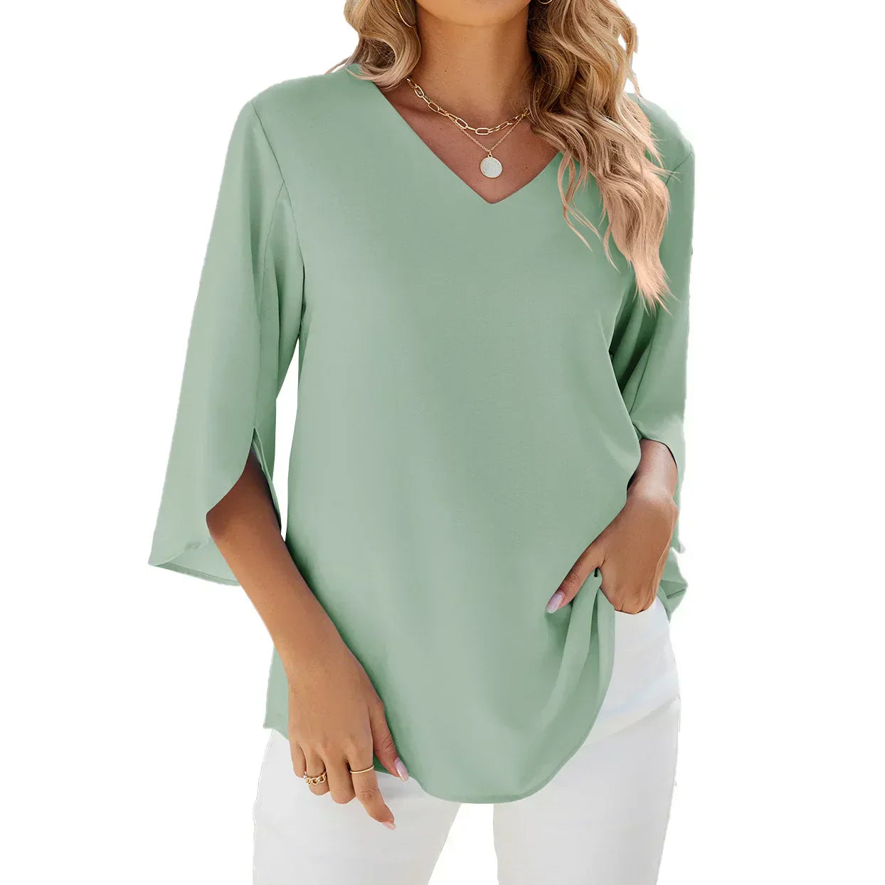 Belinda women's white V-neck blouse lightweight airy fabric effortless elegant everyday style