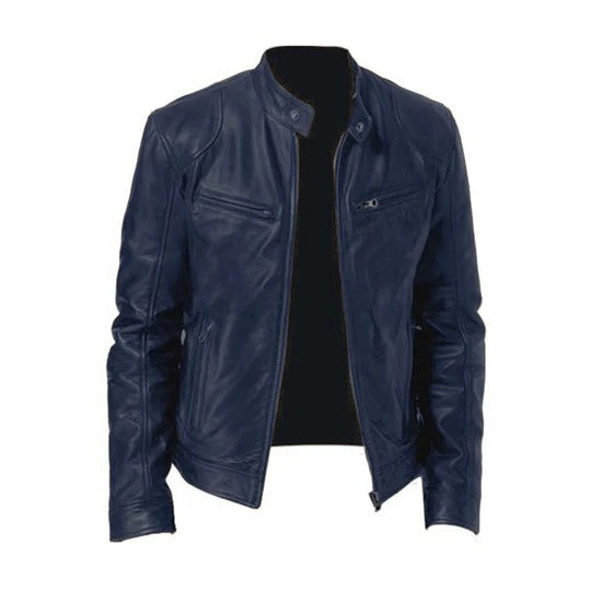 Wavlynn men's black leather biker jacket zip-front structured shell modern slim fit