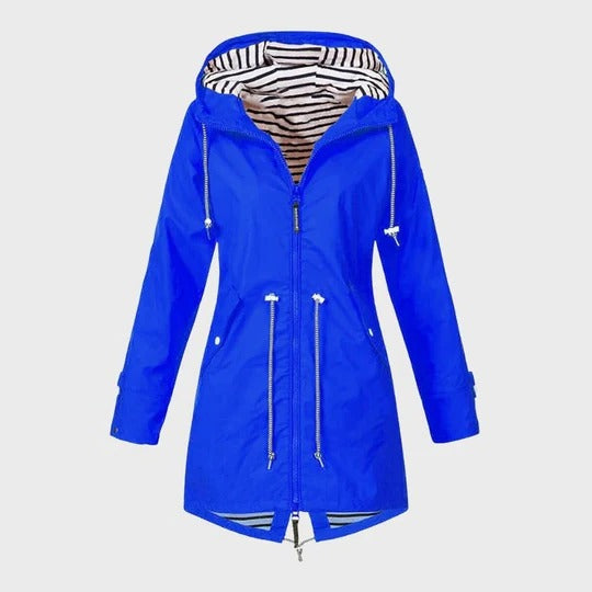 Women's long black waterproof hooded rain jacket with extended full-body coverage and clean silhouette