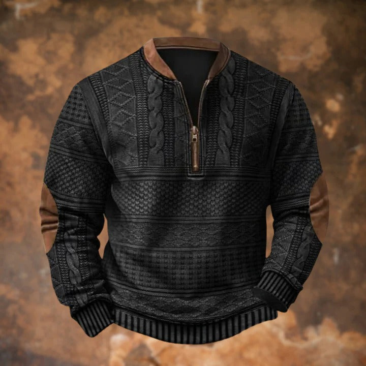 Heather gray zip-through sweater with full zipper closure, relaxed fit casual style
