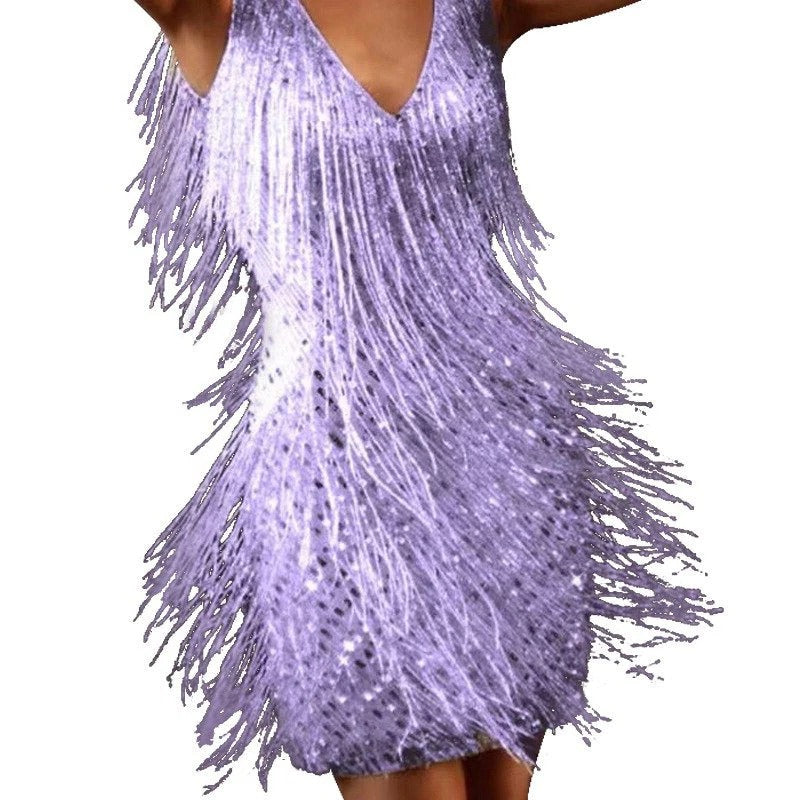 Black sleeveless fitted cocktail dress with straight neckline and kinetic fringe hem for evenings