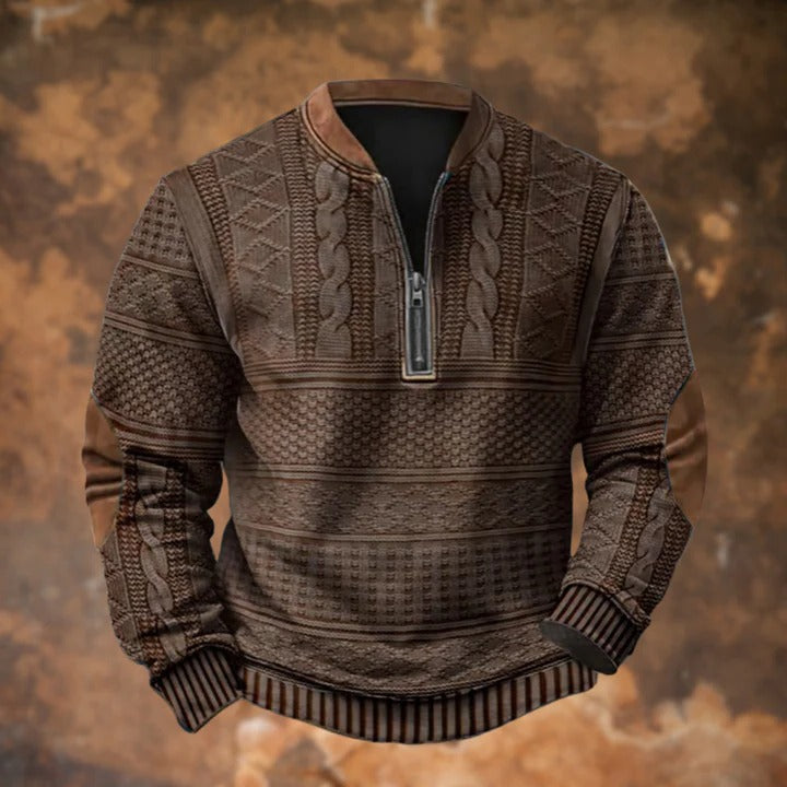 Camel zip-through sweater with full zipper closure, relaxed fit, breathable fabric for casual wear
