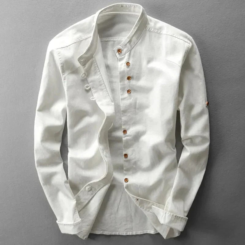Men's white collarless Japanese-style shirt with structured fit and minimal detailing