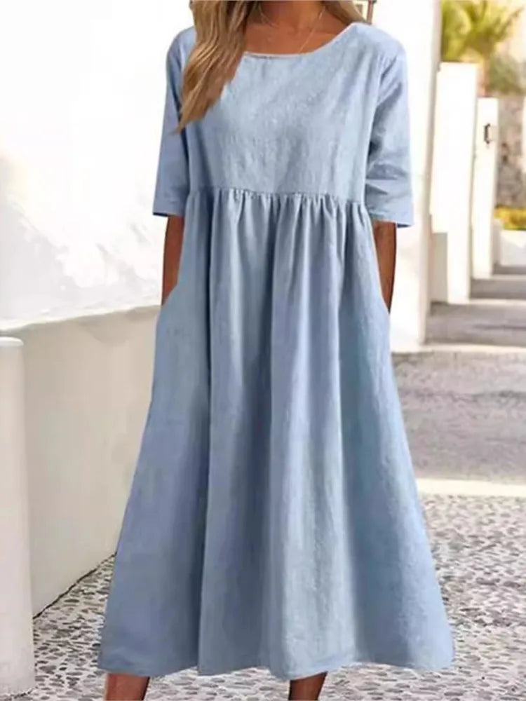 Stylish spring floral midi dress in vibrant colors, flowy A-line cut with elegant wrap design