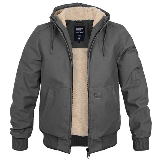 Men's navy hooded insulated winter jacket with fleece lining, tailored fit and adjustable drawcord hood