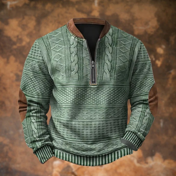 Camel zip-through sweater with full zipper closure, casual relaxed fit for everyday wear