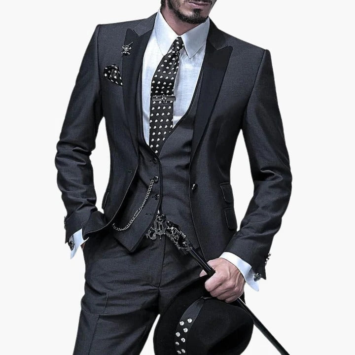Men's burgundy tailored-fit three-piece suit with black lapels, vest, and trousers by Wavlynn