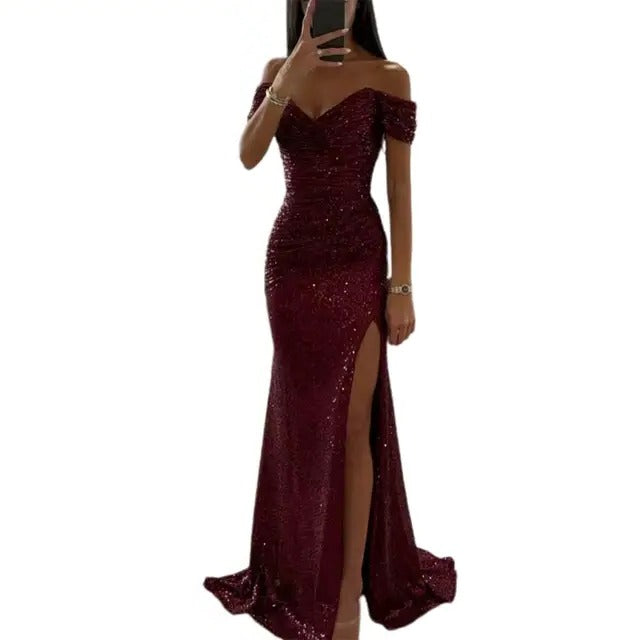 Black sequin off-shoulder maxi dress, slim tailored silhouette with side slit for formal elegance