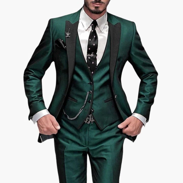 Men's burgundy three-piece tailored suit with black contrast lapels, vest, and trousers for weddings