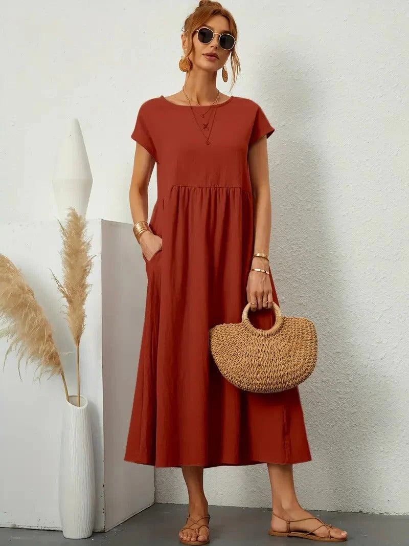 Forest-green elegant women's midi dress with flattering silhouette and functional side pockets