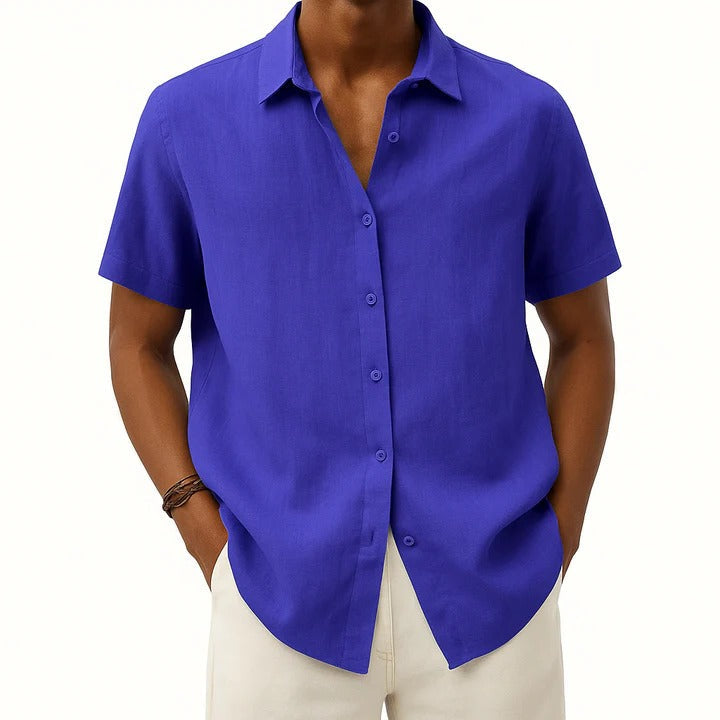Men's linen relaxed fit button-down short sleeve shirt casual everyday style breathable fabric