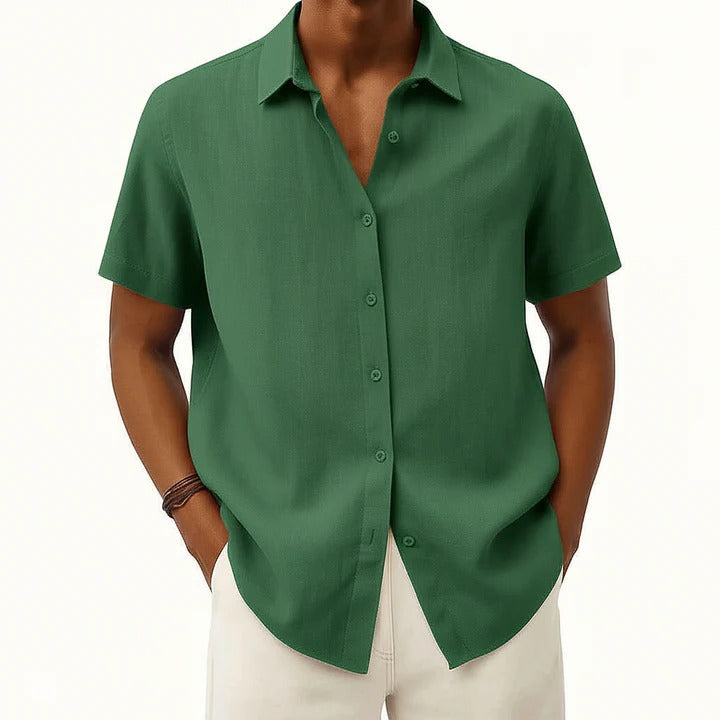 Men's linen relaxed-fit casual button-down short sleeve shirt for everyday versatile wear