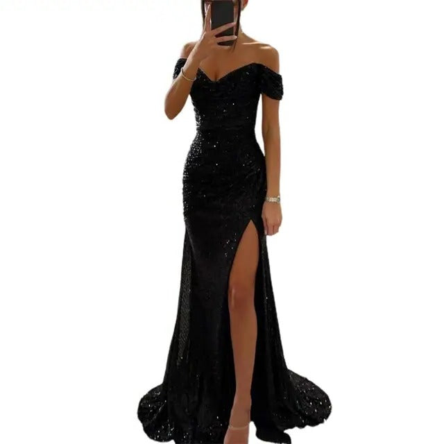 Black sequin off-shoulder maxi dress with slim tailored silhouette and side slit for formal occasions