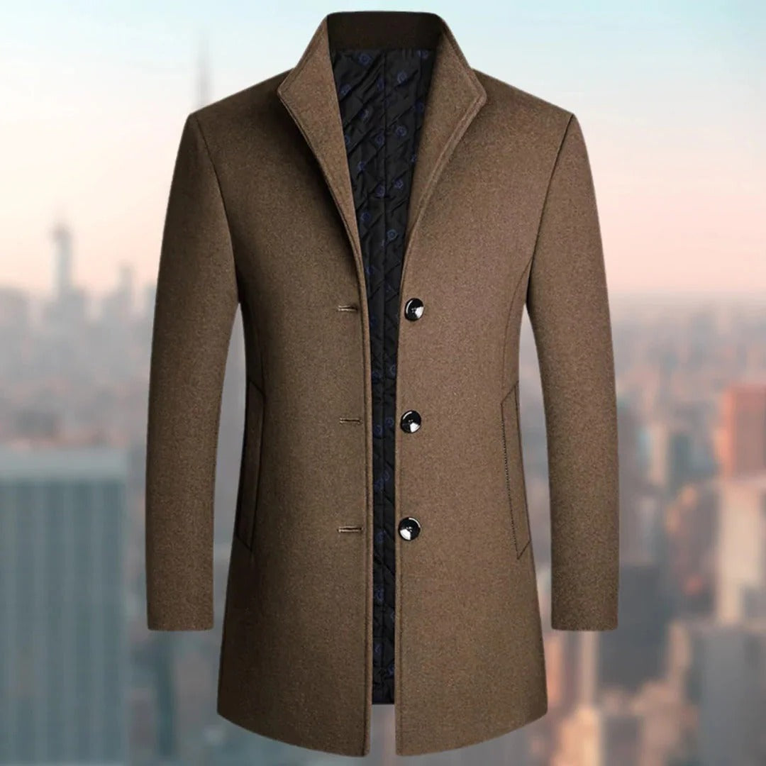 Men's long single breasted winter overcoat classic fit full coverage cold weather wool blend