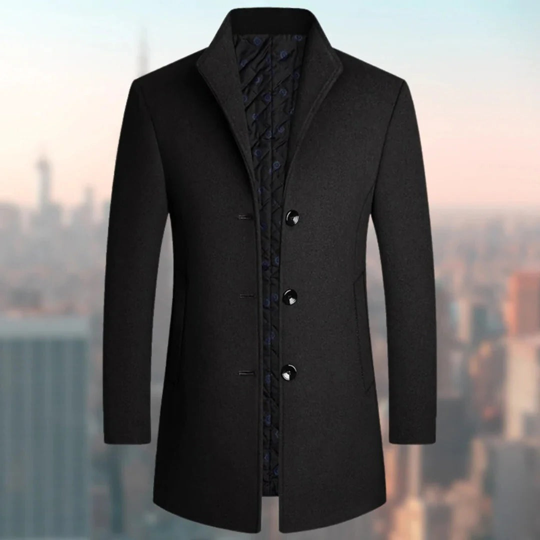 Men's long single-breasted winter overcoat classic fit, full-length cold weather wool-blend coat