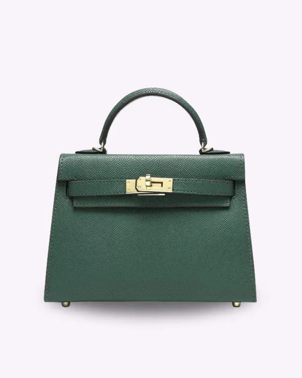 Structured mini handbag with gold twist-lock clasp, compact design for formal and everyday use