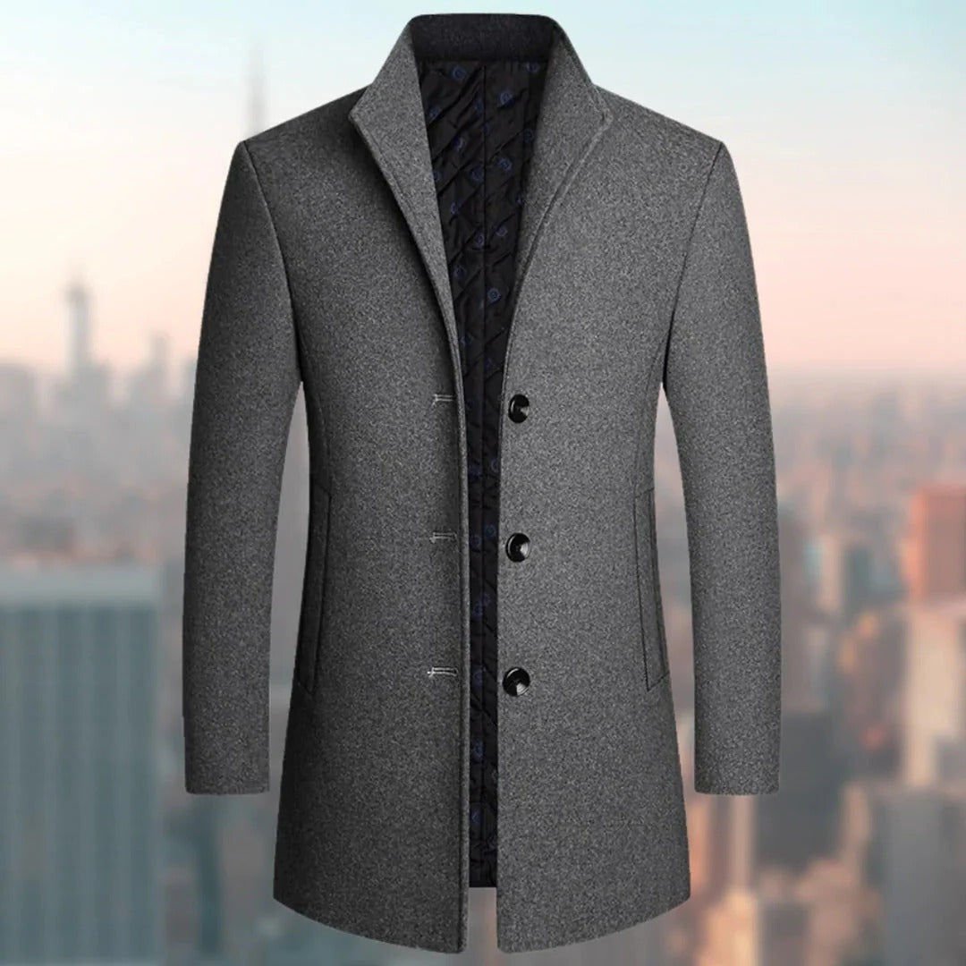 Men's long single-breasted winter overcoat in classic fit, full-length cold weather coverage