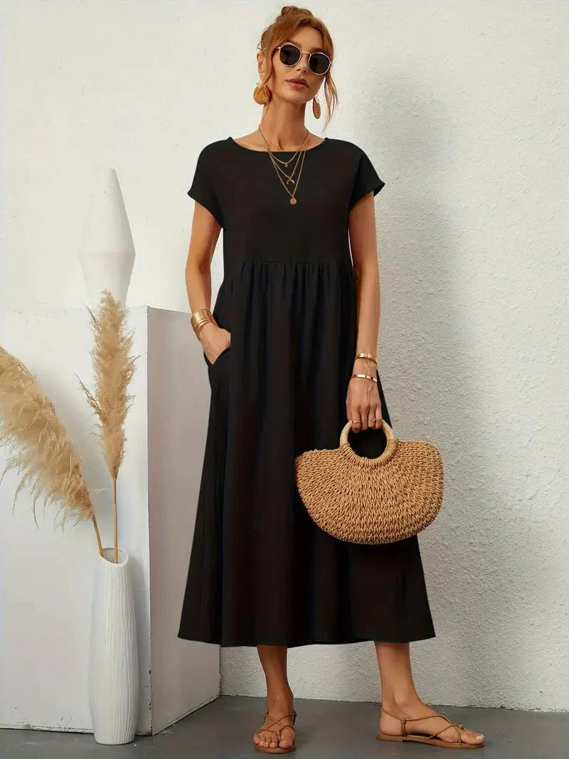 Forest-green women's elegant dress with pockets, sleek silhouette, lightweight drape for day-to-evening wear