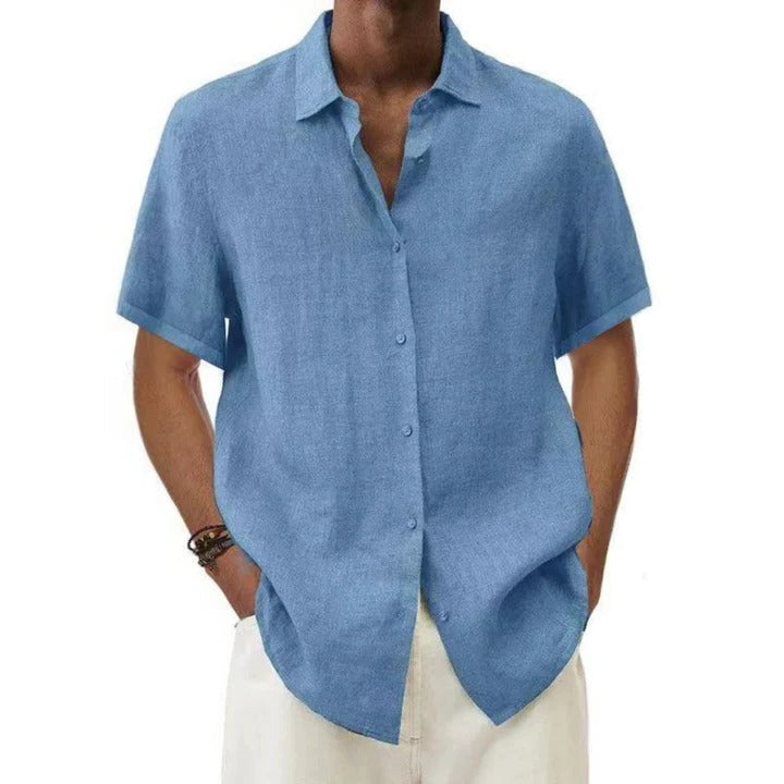Men's linen relaxed fit button-down short sleeve shirt casual everyday style breathable fabric
