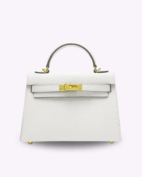 Structured mini handbag with gold twist-lock clasp, compact design for formal and everyday use