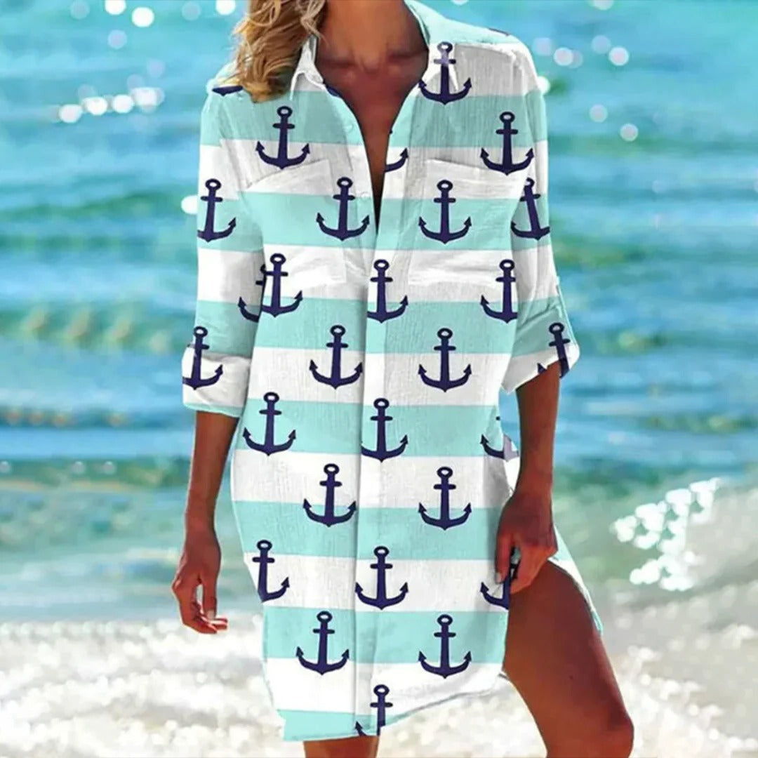 Women's tropical print shirt dress 3/4 sleeve in coral blue pink green watercolor botanical beach coverup