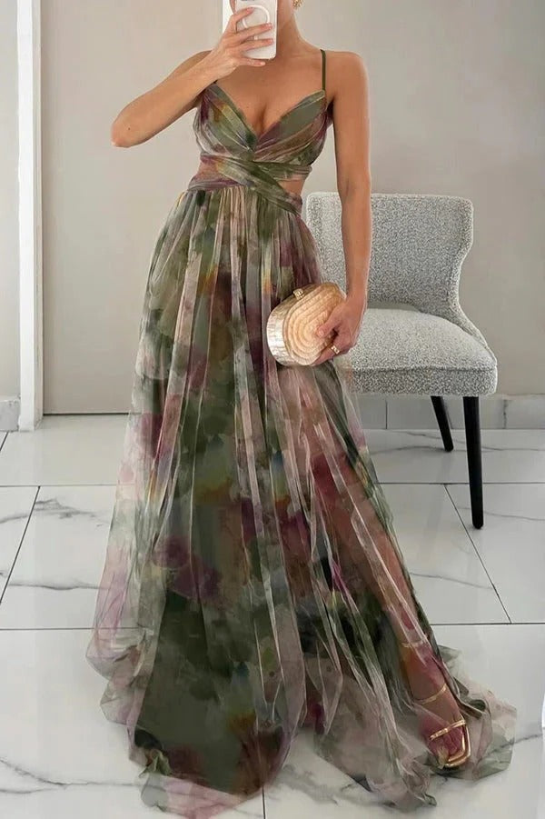 Floral sleeveless maxi dress breezy flowing silhouette with adjustable back closure for summer