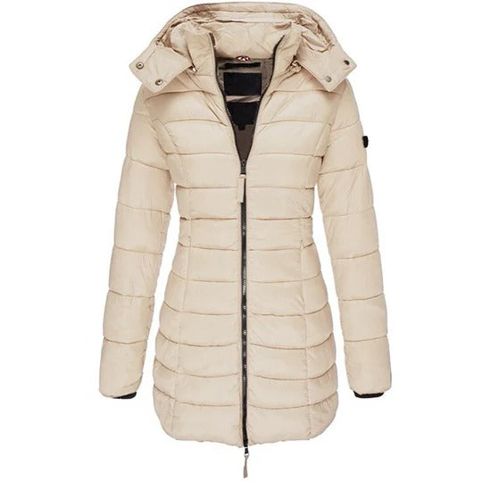 Navy blue hooded puffer down jacket with front zipper and padded insulation for cold weather