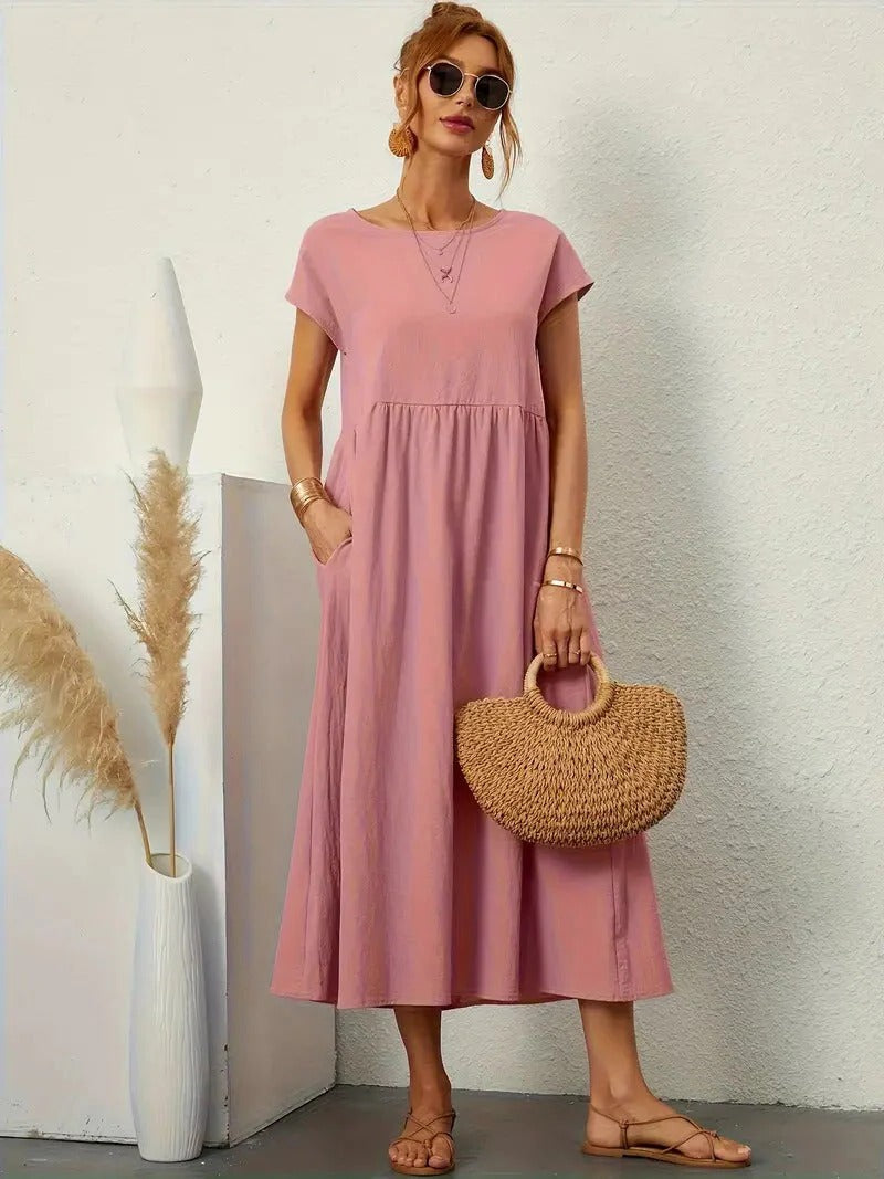 Forest-green elegant women's dress with pockets, sleek silhouette, lightweight drape for day-to-night wear
