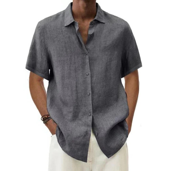 Men's linen relaxed-fit button-down short sleeve shirt casual everyday style breathable fabric