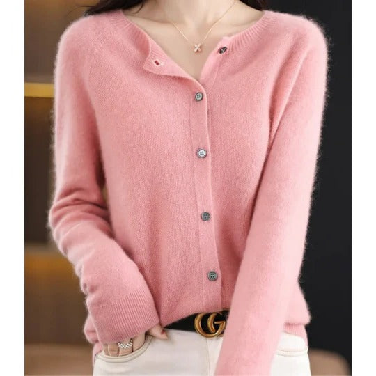 Women's fuzzy cardigan in cozy knit with V-neck button placket, long sleeves for everyday layering
