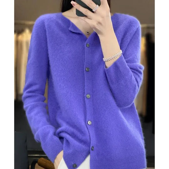 Women's fuzzy cardigan in cozy knit with V-neck button placket, long sleeves for everyday layering