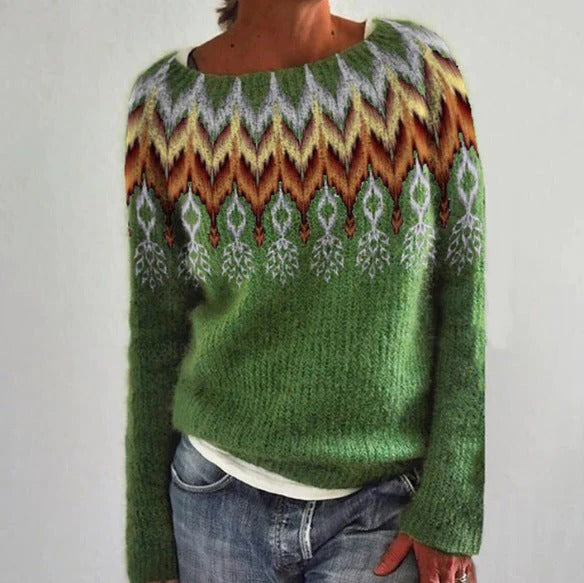 Women's cozy forest pattern pullover relaxed fit sweater with modern everyday casual design