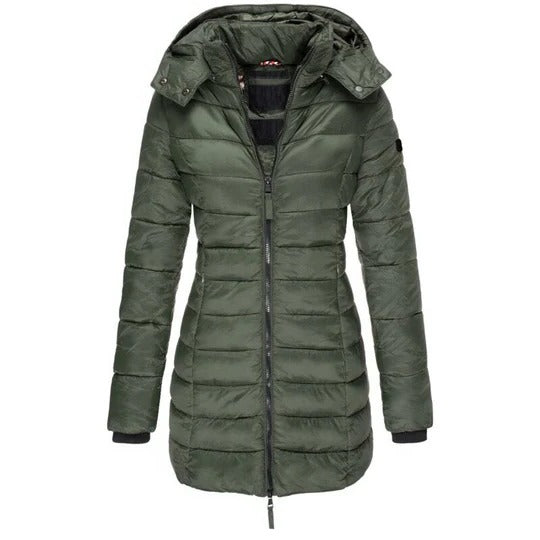 Navy blue padded down jacket with hood and front zipper closure for cold weather
