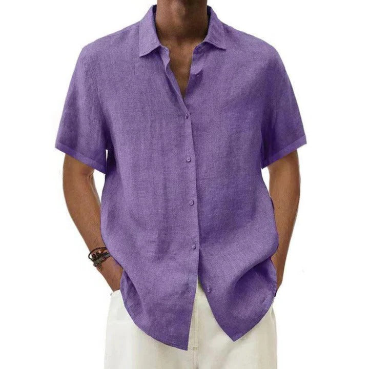 Men's linen relaxed fit button-down short sleeve shirt casual everyday style breathable fabric