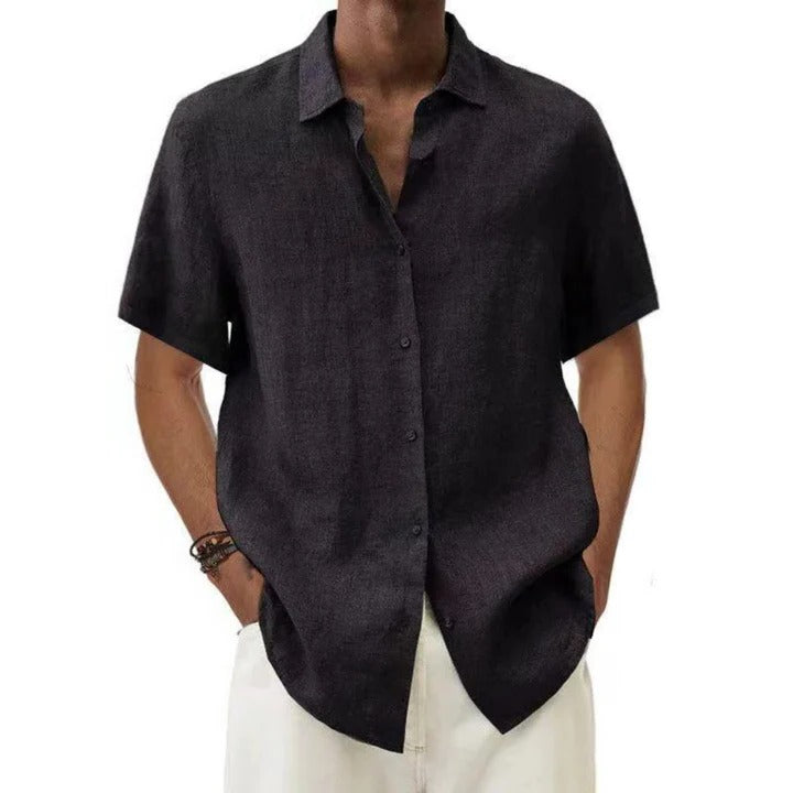 Men's linen relaxed-fit button-down short sleeve shirt casual everyday style breathable fabric