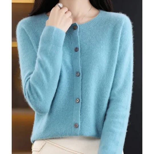 Women's fuzzy cardigan in cozy knit with V-neck button placket, long sleeves, versatile everyday layering
